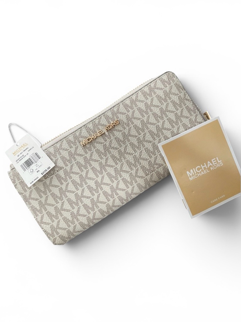 Michael Kors Beige Logo Zip Wallet with Gold Hardware